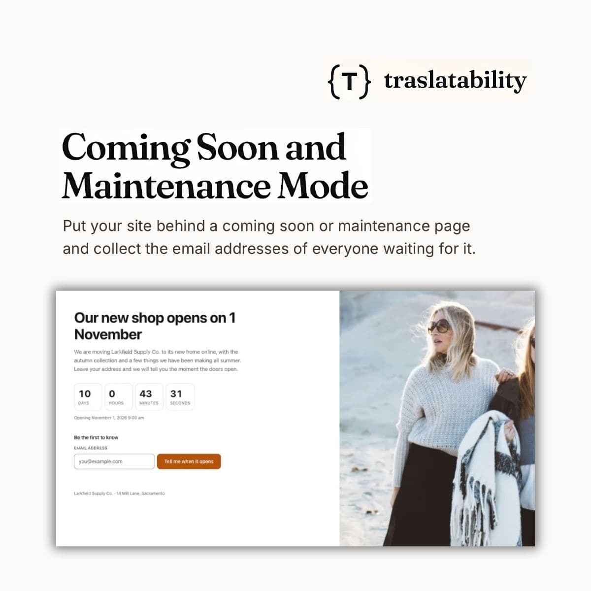 Coming Soon and Maintenance Mode by Traslatability - WordPress Plugin/Theme Screenshot of Coming Soon and Maintenance Mode by Traslatability interface